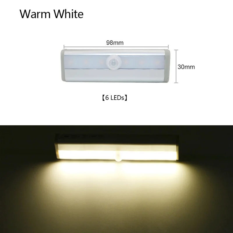 6LEDs Warm White 6/10 светодиодный s движения PIR Сенсор лампа под светодиодный светильник для шкафа 98/190 мм светодиодный Ночные Огни белый/теплый белый свет для шкаф Кухня - Испускаемый цвет: 6LEDs Warm White