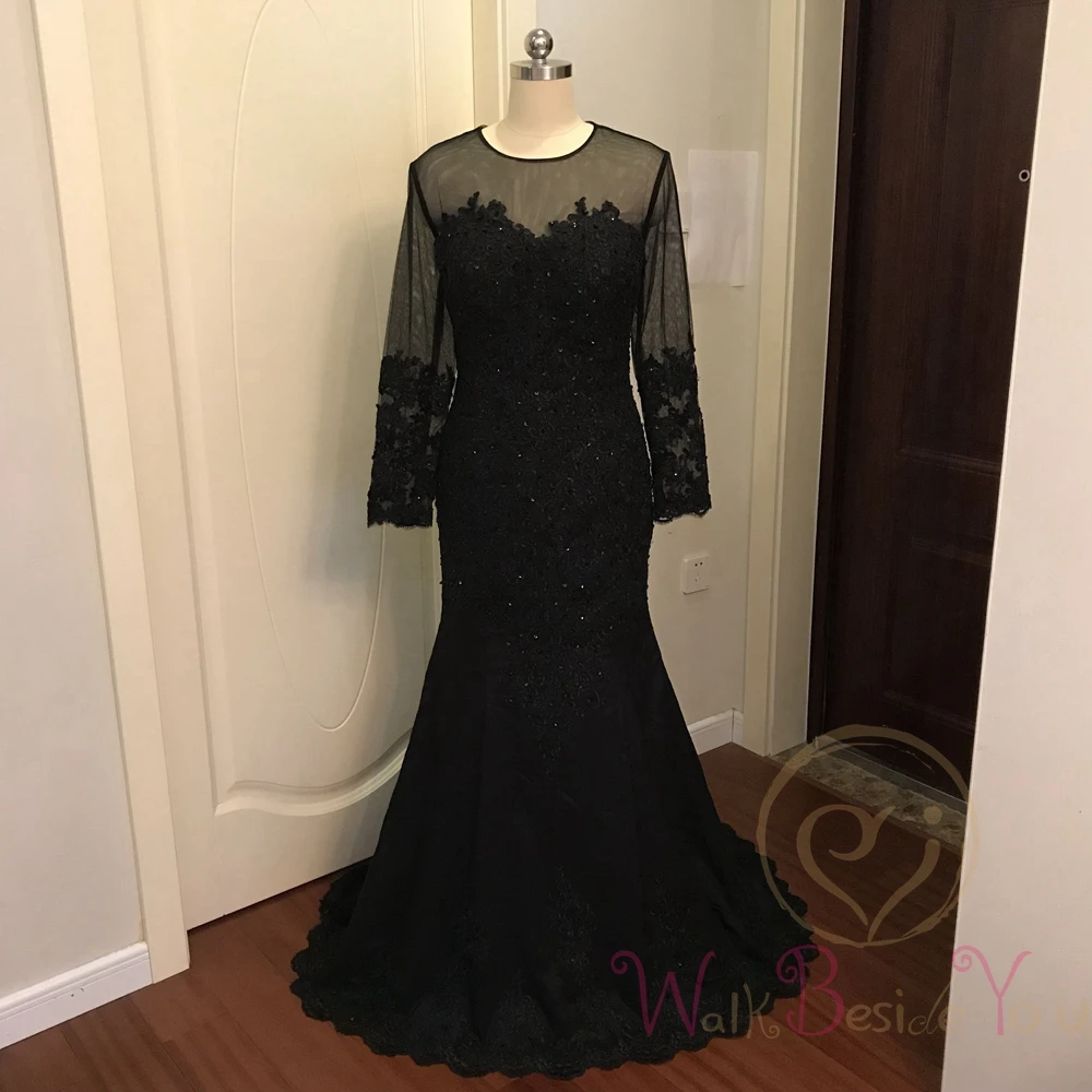 2019 черные мусульманские Вечерние платья русалки с длинным рукавом аппликацией