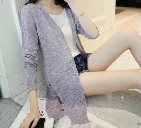 

Knitted cardigan mid-long fall 2019 Korean version loose hollow thin sunscreen very immortal sweater jacket