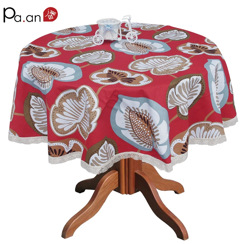 Красное полотно круглая кружевная скатерть край толстые листья напечатаны