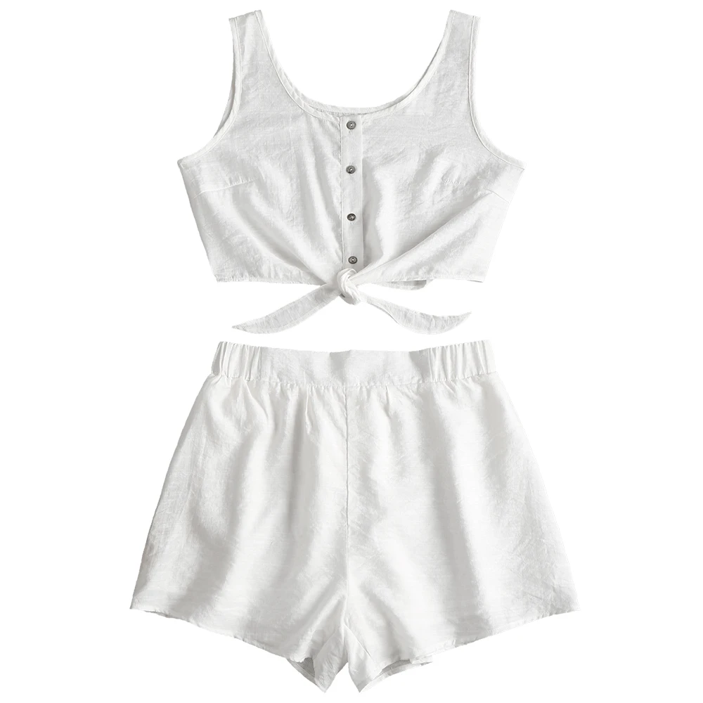 ZAFUL Beach Two-Piece Suits Button Up Crop Top and Shorts Set Pleated Solid Tie Waist Romper High Waist Sleeveless Swimming Suit