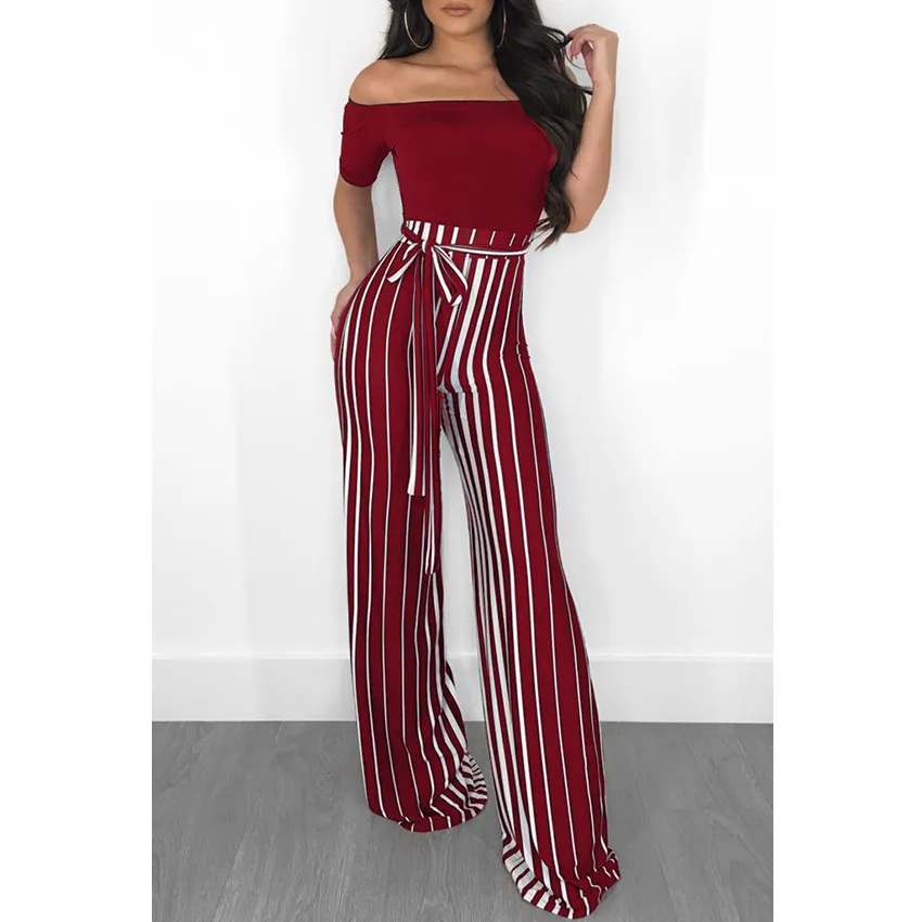 Wjustforu Slash Neck Wide Leg Jumpsuit Elegant Casual Women Bandage Striped Off Shoulder Fashion Sexy Female | Женская одежда
