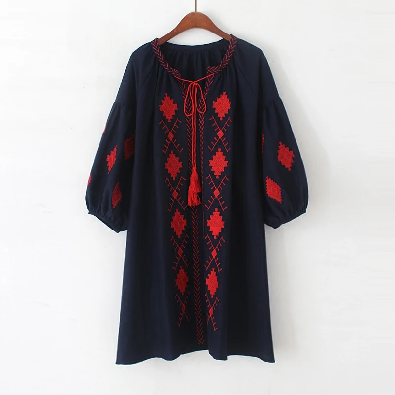 Hippic Chic Boho People Mexican Dress Women Autumn Summer Embroidery Runway White Black Blue Vintage Retro Loose Dresses | Женская