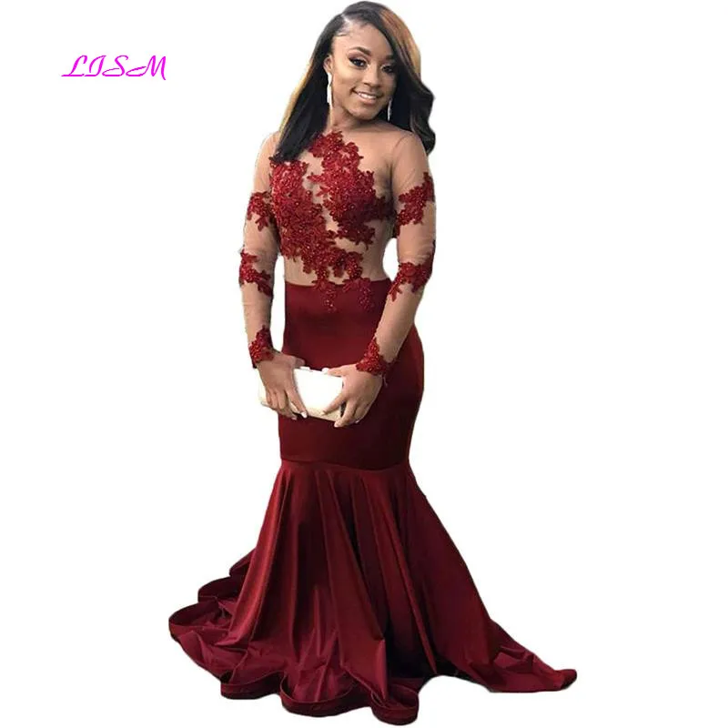 

Illusions Long Sleeve Lace Prom Dresses Mermaid 2019 Beaded Appliques Formal Evening Gowns Long Backless Party Dress