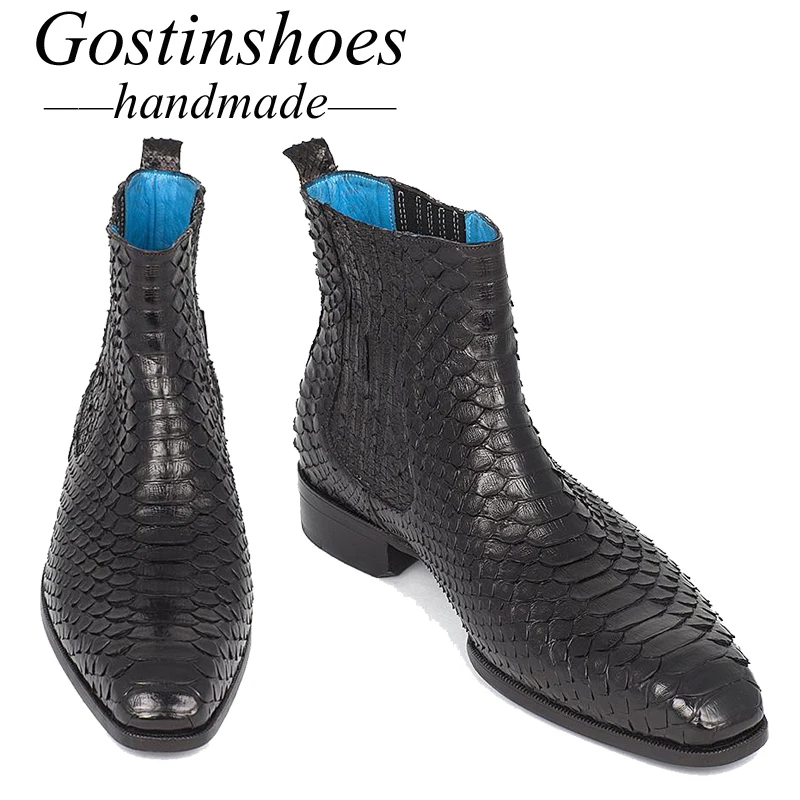 GOSTINSHOES/роскошная мужская обувь ручной работы Goodyear мужские ботинки черного цвета из Натуральной Змеиной кожи безопасные рабочие ботильоны слипоны SCF30