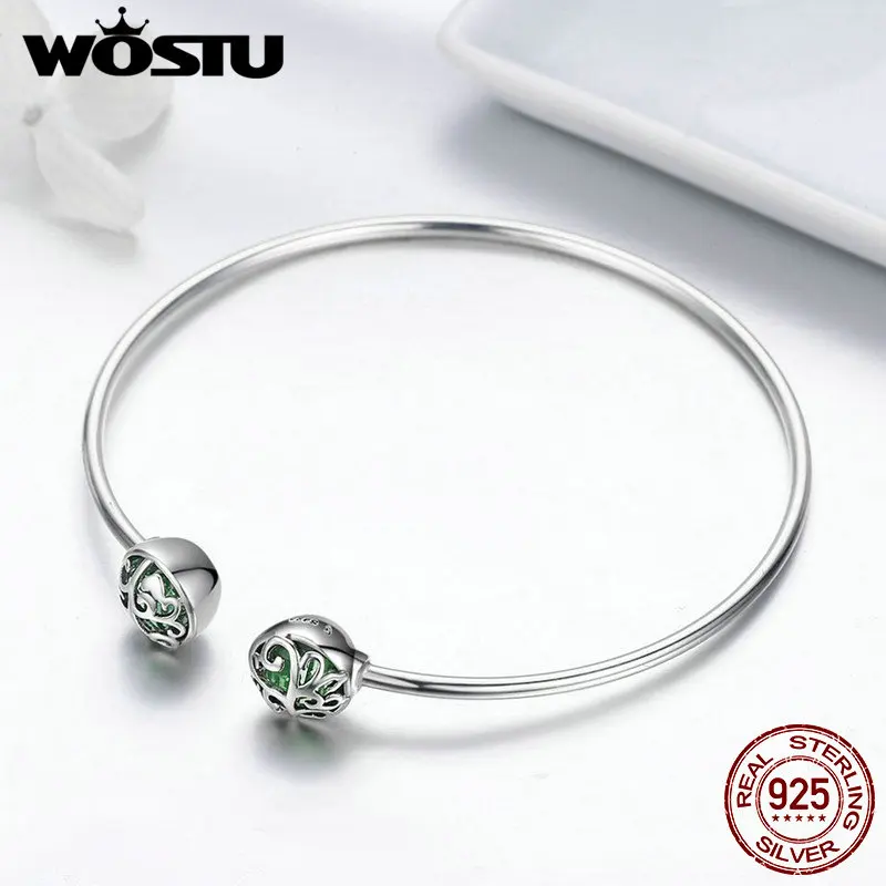WOSTU Настоящее 925 пробы Серебряное Древо жизни зеленый кристалл CZ для женщин Открытый манжета браслет и роскошные серебряные ювелирные изделия CQB057