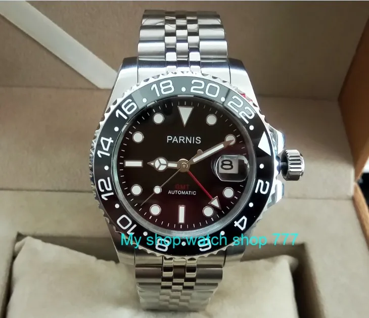 

40MM PARNIS GMT Automatic Self-Wind movement black Ceramic bezel Sapphire Crystal luminous men's watch PA34-8