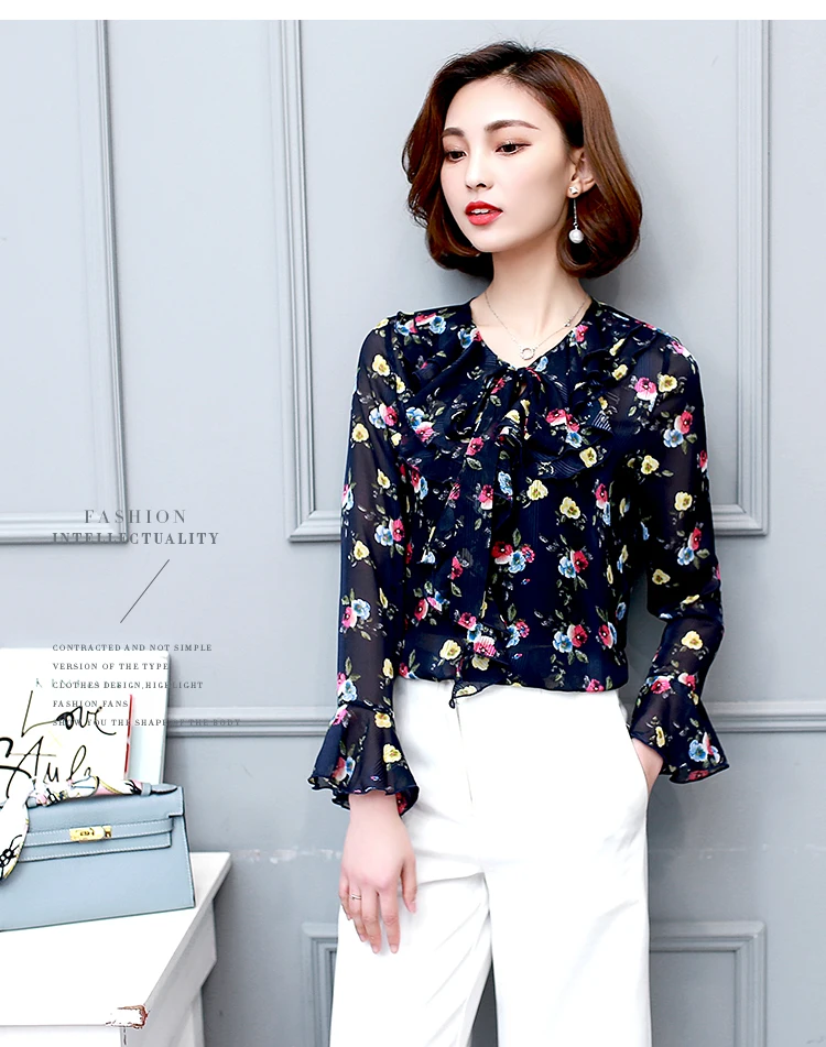 2018 New Casual Spring Women Shirt Long Sleeve Ruffled Collar Chiffon Blouse Fashion Printing Female Tops Women's Clothing |