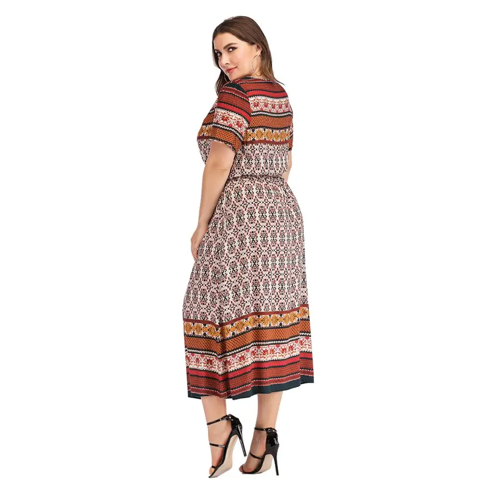 Женское платье большого размера 2019 Boho с длинным v-образным вырезом и коротким