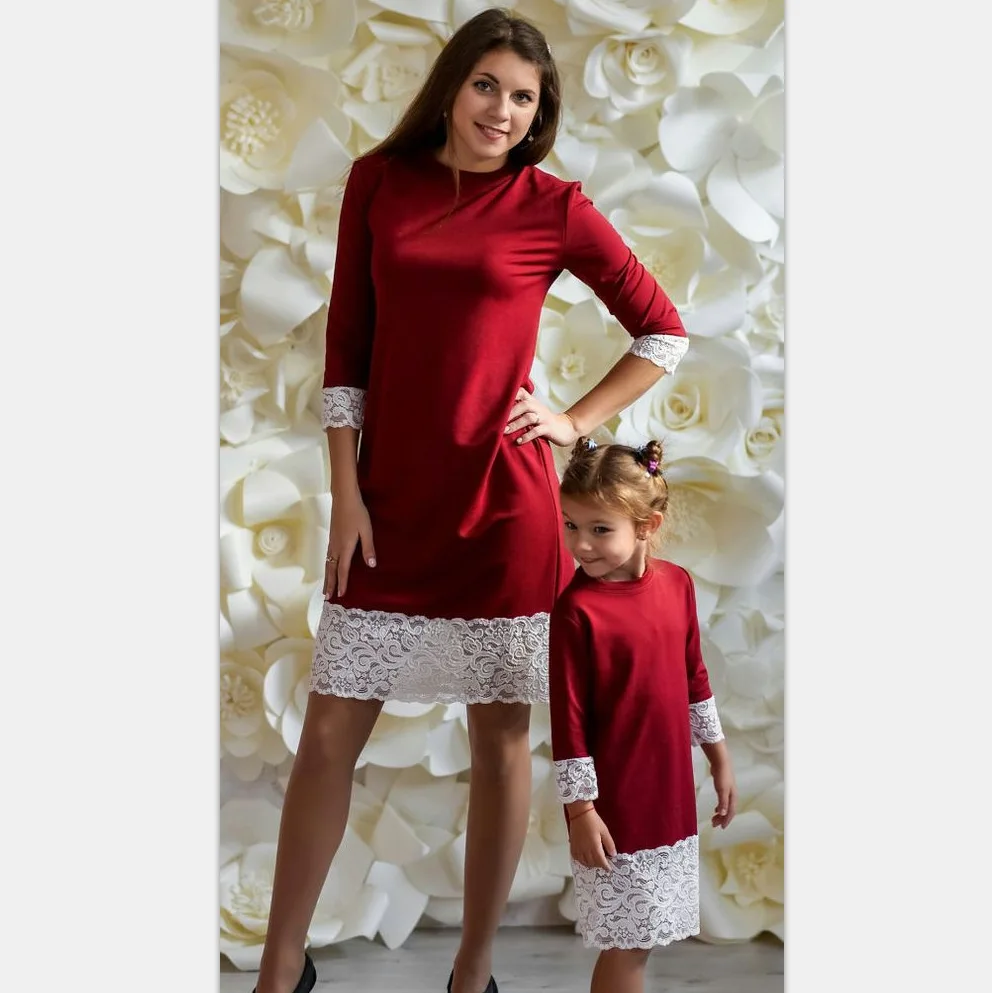 Red Mother Daughter Dresses Family Dress Christmas Mommy And Me Matching Clothes Solid Color Mom Kids | Мать и ребенок
