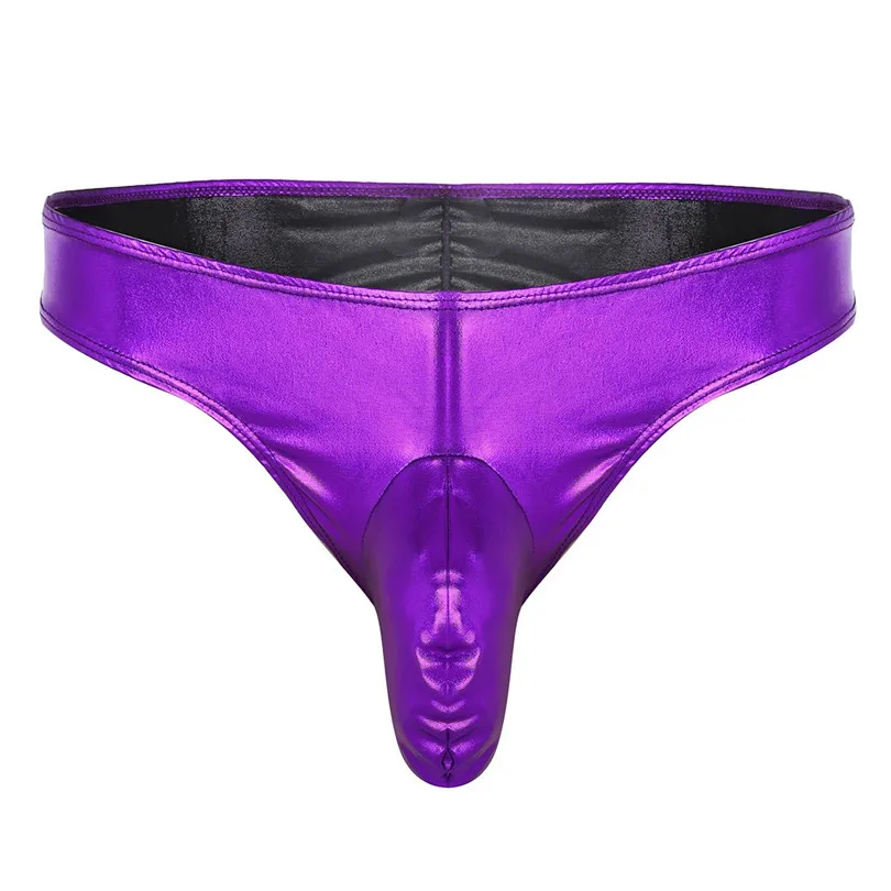 Purple Модное мужское нижнее белье из искусственной кожи, с мешочком, с низкой посадкой, бикини, стринги, треугольные трусы, трусы, нижнее белье - Цвет: Purple