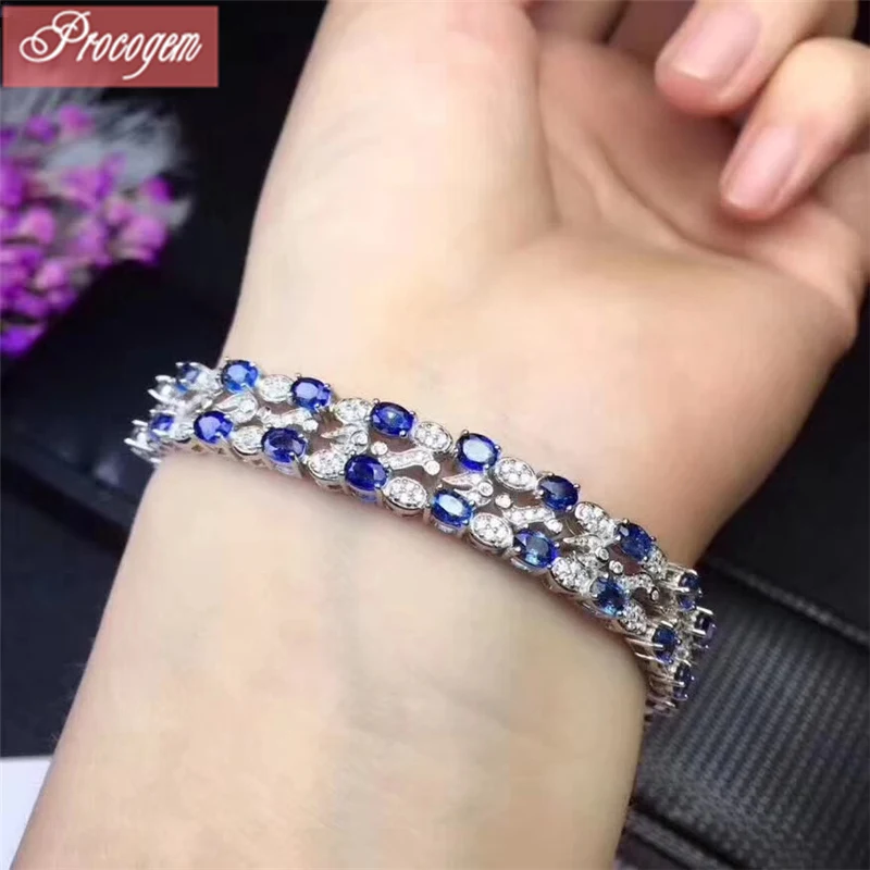 Роскошный натуральный голубой сапфир браслеты для женщин 0.3ct x40pcs высокое качество тонкие натуральные драгоценные камни стерлингового серебра 925#259