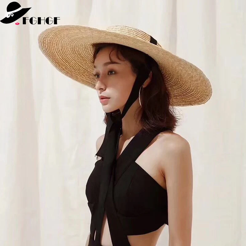 

Women Summer Hat 15cm Large Brim Sun Hat Flat Top Black Ribbon Wind Rope Classical Staw Hat Anti-UV Boater Hat Big Beach Cap