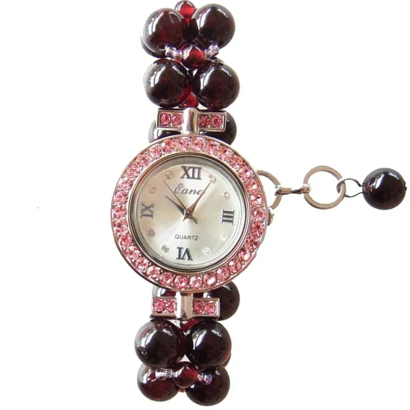 2019 Round Dial Natural Garnet Watch Strap Beautiful Bracelet Watch Wine Red Crystal Watch Quartz Watch