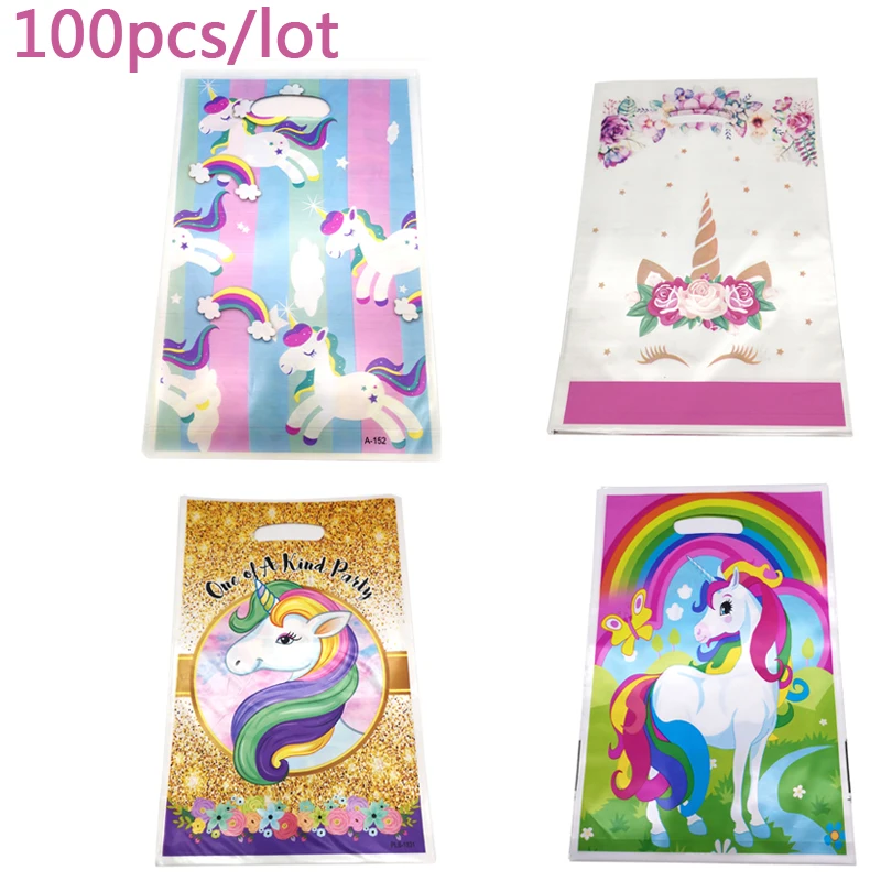 

Wholesale 7 Design Cute Unicorn Decorations Happy Birthday Party Plastic Gifts Bags Baby Shower Girls Favors Loot Bags 100PCS