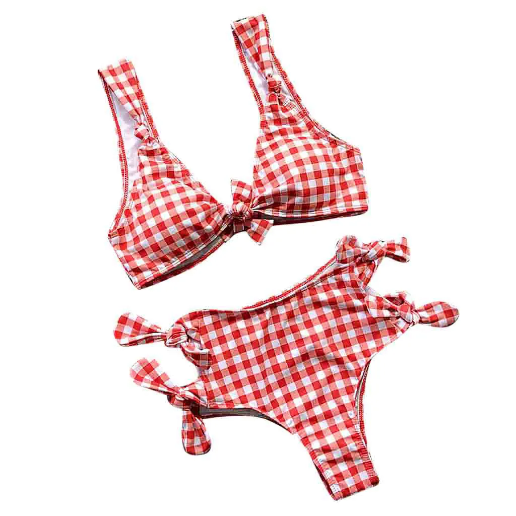 Женский клетчатый купальник с бантиком пуш-ап купальный костюм пляжная одежда