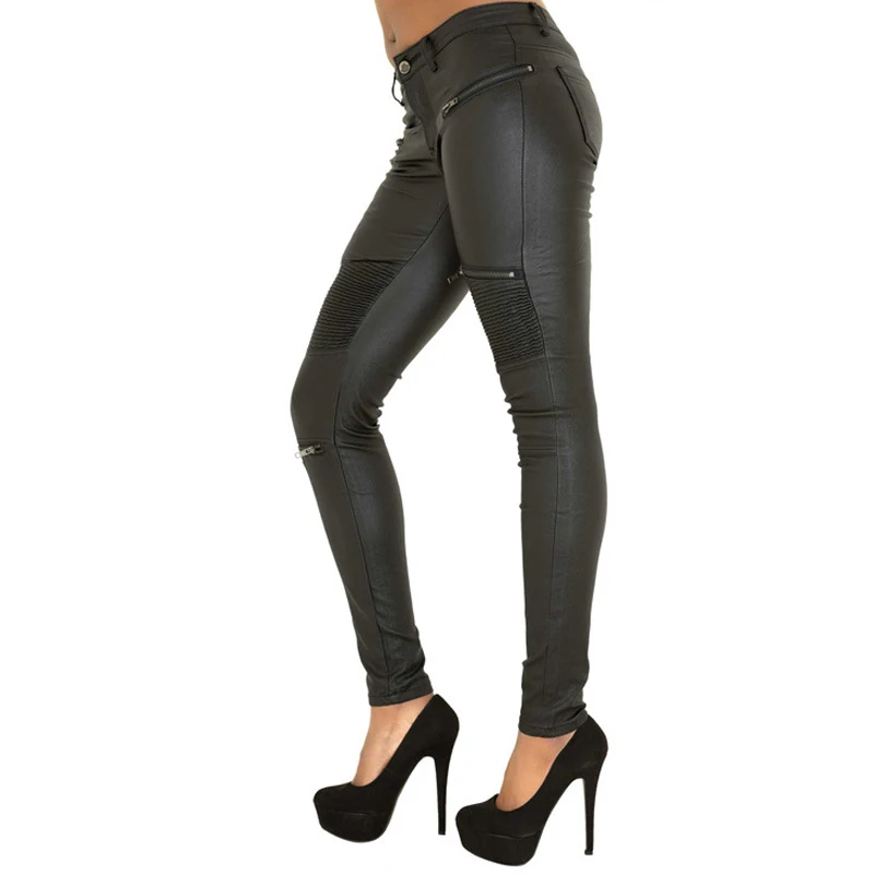 2018 Autumn/Winter Black Sexy Women Pu Leather Pants Zipper Stretch Bodycon Pleated Patchwork Punk Rock Pencil Long | Женская одежда