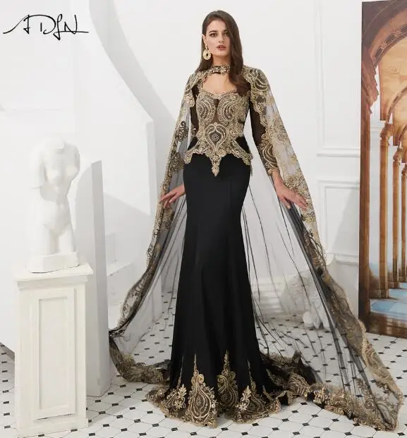 Черный ADLN скромные длинные рукава Выпускные платья с накидкой vestido formatura из двух частей бордовые вечерние платья с золотыми аппликациями - Цвет: Черный