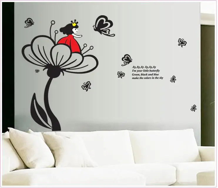 

Черные настенные наклейки принцессы с цветами и бабочками для украшения комнаты съемные настенные наклейки виниловые наклейки домашний де...