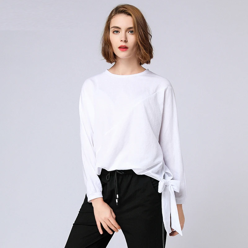 

Autumn new Knitting fleece pure cotton bandage O-Neck T-shirt tops loose fashion casual t shirt top long sleeve solid knitted