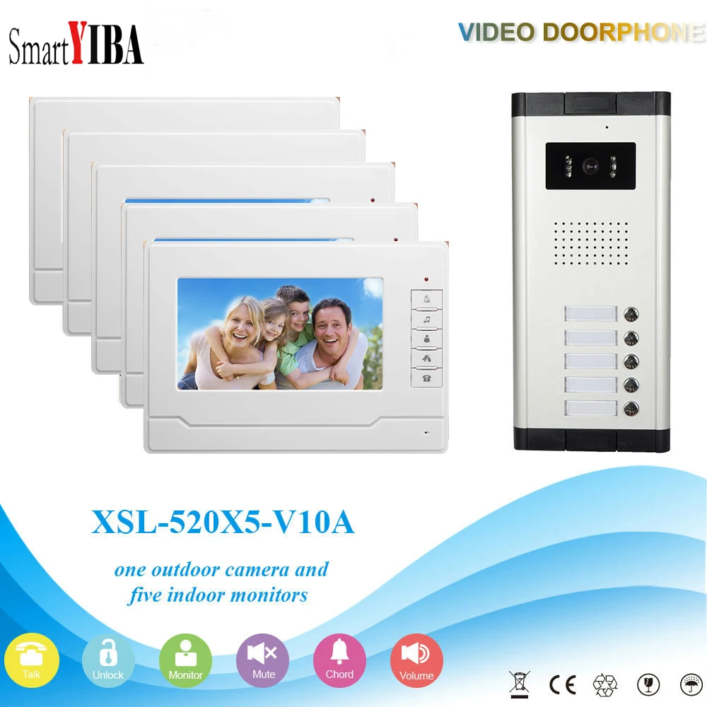 

Видеодомофон SmartYIBA, 7 дюймов, проводной, цветной, видеодомофон, дверной звонок, комплект системы связи с 5 мониторами и 1 ИК-камерой