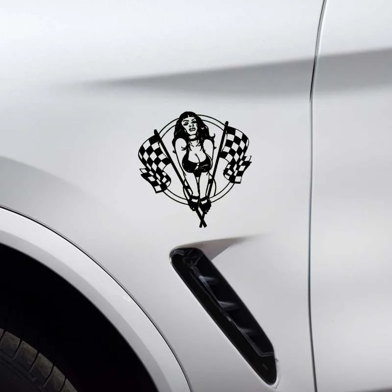 

YJZT 13*13.6CM Sexy Girl Racing Artistical Car Sticker Cartoon Vinyl Decal Fantastic Fashion Style Black/Silver C20-0718