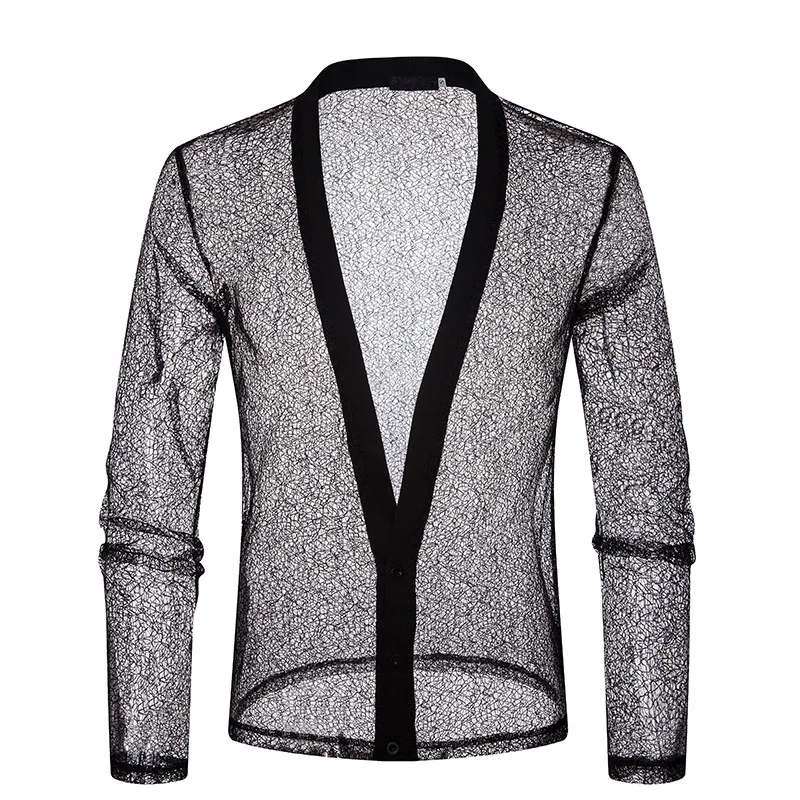 Мужской осенне зимний однотонный прозрачный сетчатый топ модный дизайнерский