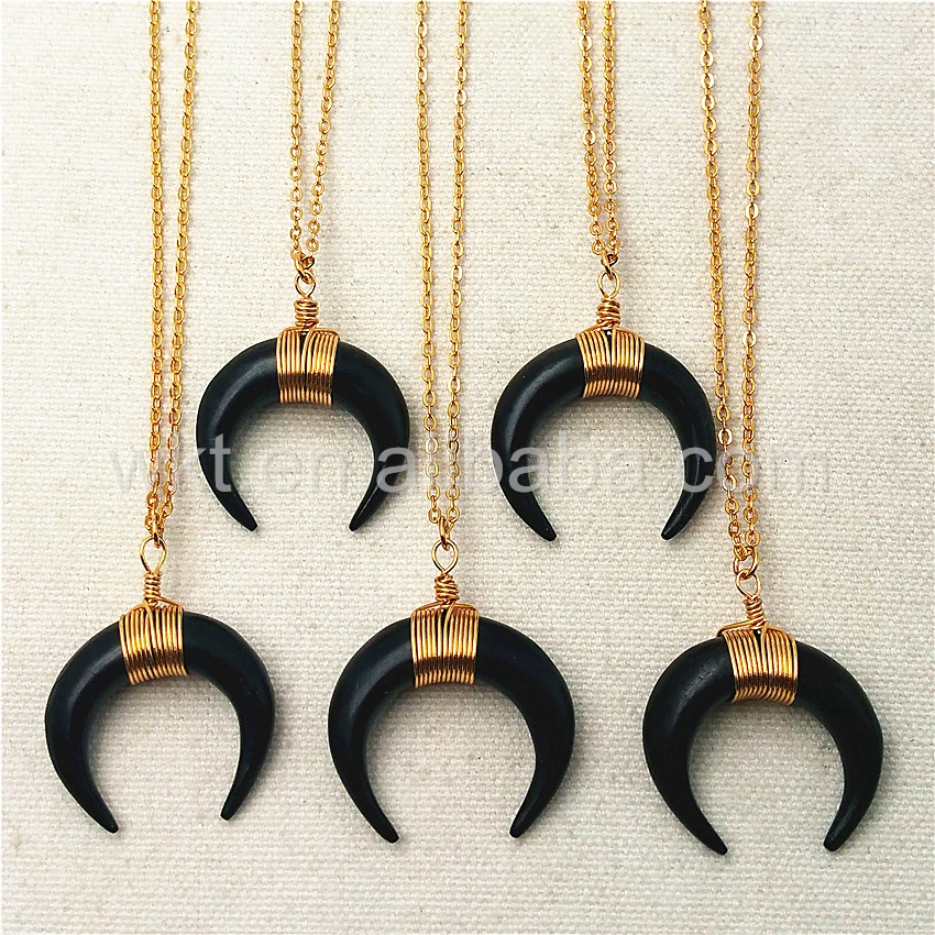 

WT-N820 10pcs Natural crescent horn black bone necklace, hand make wire wrapped buffalo bone horn necklace