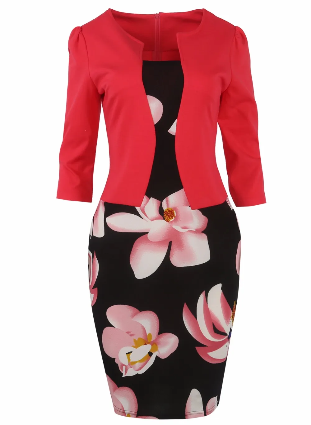 Women Plus Size 4XL Faux Two Piece Flower Floral Print Patchwork Three Quarter Sleeve Office Wear Work Bodycon Pencil Dresses | Женская