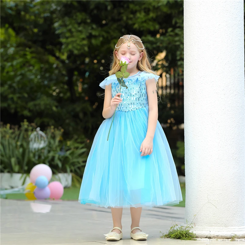 Голубое платье Эльзы детское с блестками для девочек детская Рождественская