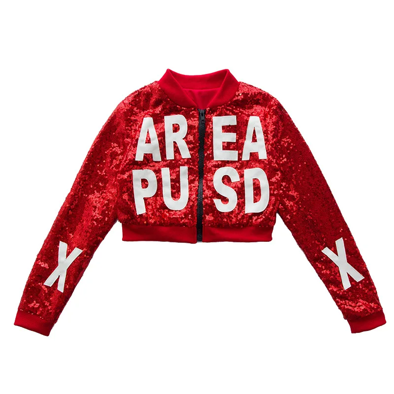 jacket 1pcs Tammy/ красный укороченный топ с блестками для девочек, шорты и куртка комплект из 3 предметов, детская одежда для джазовых танцев детские костюмы, комплект одежды для танцев в стиле хип-хоп - Цвет: jacket 1pcs