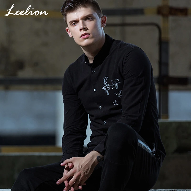 Leelion 2018 Осень 100% хлопковая рубашка Для мужчин с длинным рукавом Slim Fit Рубашки для