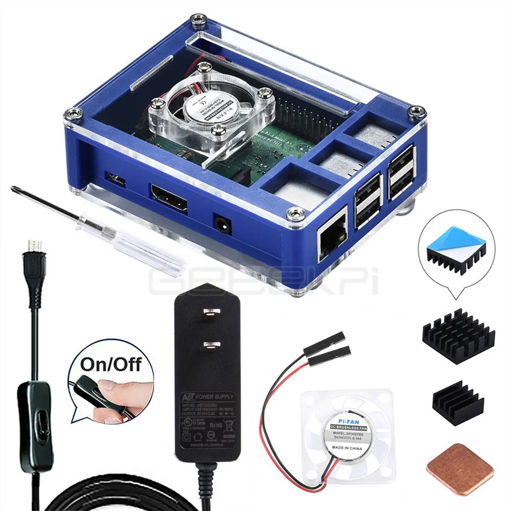 Case with US adapter GeeekPi акриловый пластиковый синий и прозрачный чехол с дополнительным 5V 2.5A адаптером питания для Raspberry Pi 3B+/3B Plus(не включает - Цвет: Case with US adapter