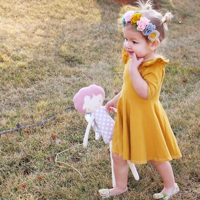 Spring Children Baby Girls Dressed Newborn Brief O Neck Yellow Princess Dress Clothing 2-5T |