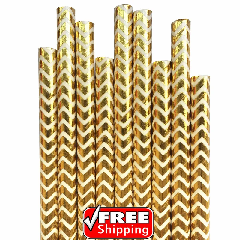 

200pcs Metallic Gold Foil Chevron Paper Straws-Zig Zag Christmas Wedding Anniversary Birthday Party Holiday Drinking Paper Straw