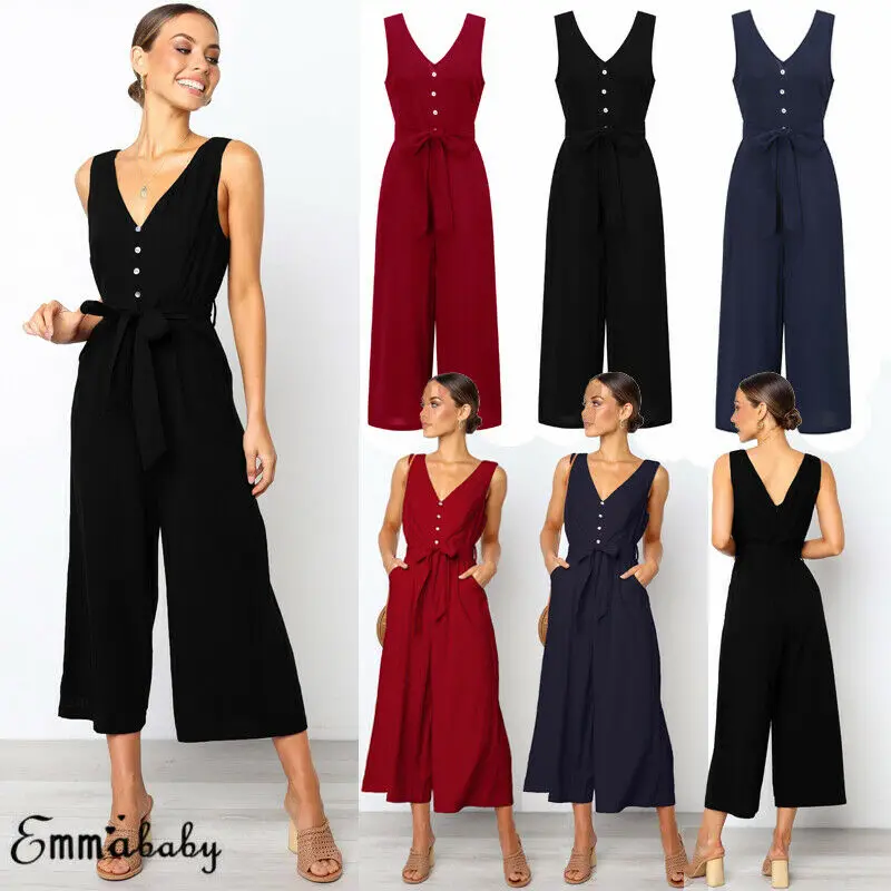 Женский однотонный комбинезон с v-образным вырезом черный оборками лето 2019 |