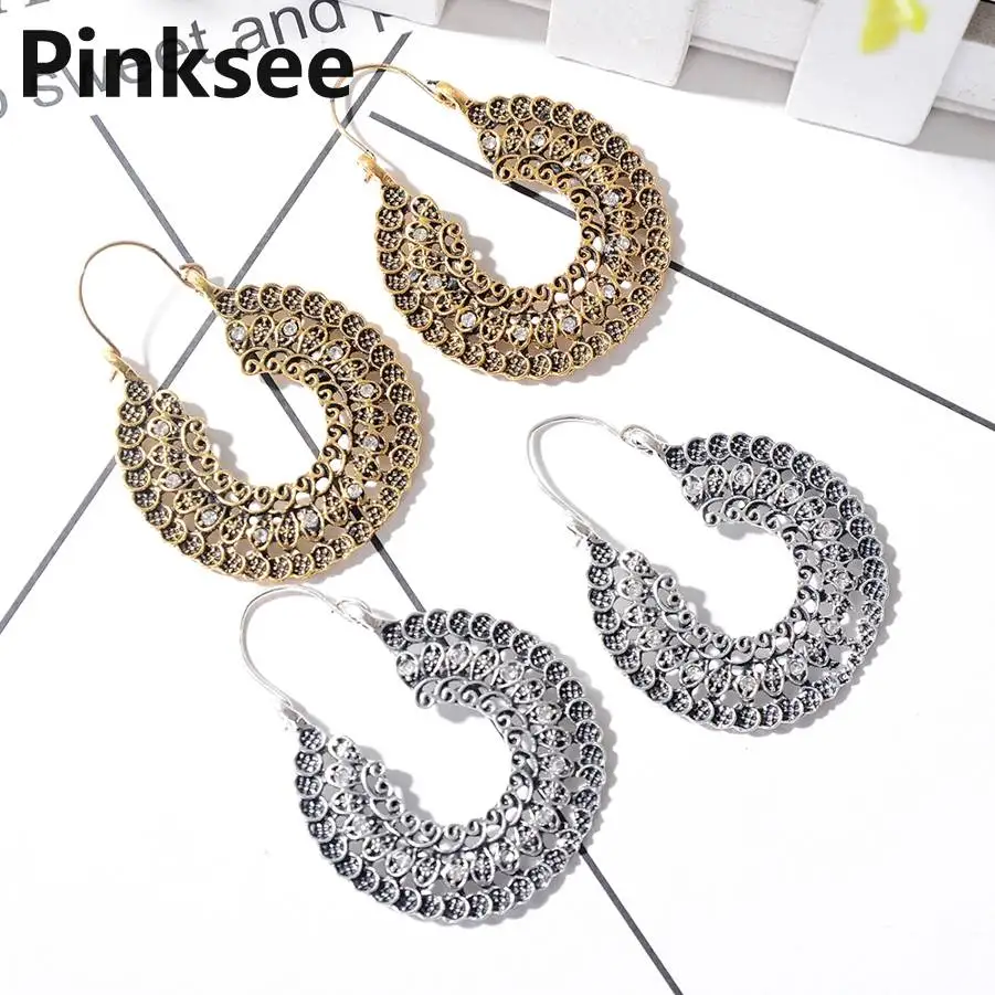 1 Pair Indian Brass Tribal Hollow Flower Spiral Drop Earring Big Charming Circle Jewelry Geometric Hanging Dangle Ear Piercing | Украшения