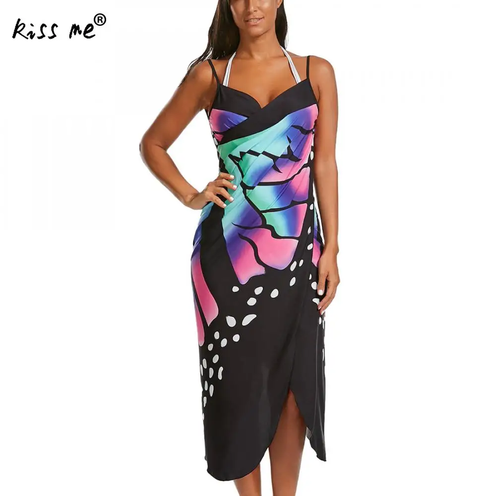 Beach Wear Women Tunics Printed Cover Up Wrap Slip Dress Praia Summer Bikini Female One Size Butterfly | Женская одежда