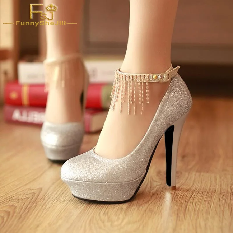 

Silver Glitter Sparkly Pencil High Heels Round Toe Ankle Strap Platform Stiletto Heel Pumps Weeding Big Day Woman Shoes 16 FSJ