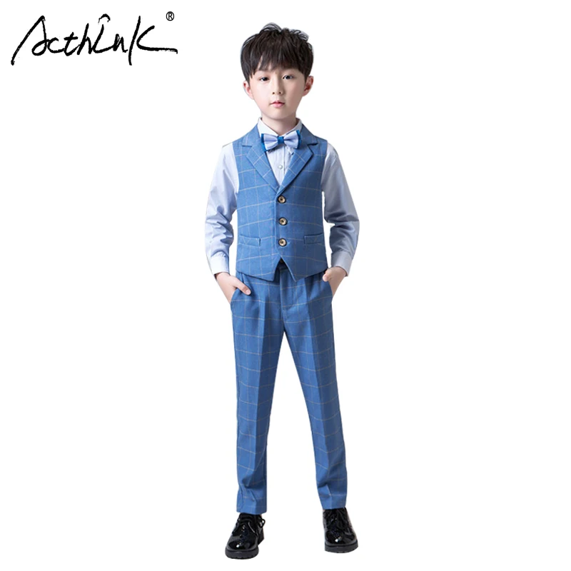 

ActhInK New 3Pcs Boys Plaid Waistcoat Suit Boys Formal Wedding Suit Kids Wedding Vest Suit Ceremony Clothing Set For Boys