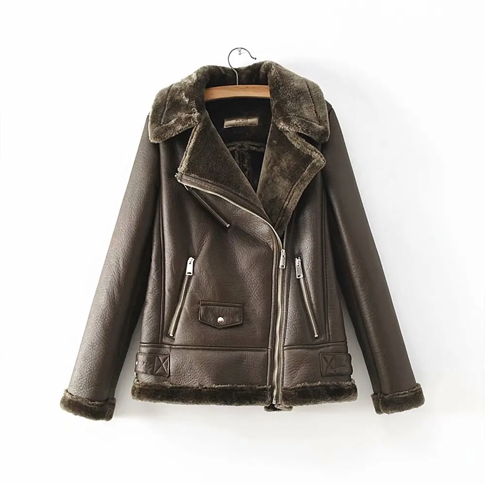 Осенне зимнее женское пальто из искусственной кожи с поясом теплая куртка на