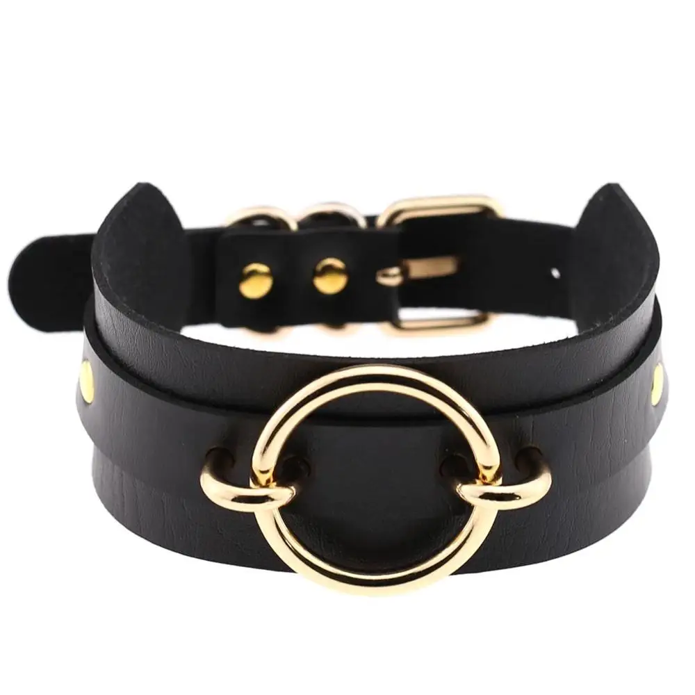 gold black Сексуальный PU чокер панк Рок ручной работы O круглый двухслойный кожаный воротник, БДСМ ожерелье-бондаж шейный браслет, секс-игрушки для пары - Окраска металла: gold black