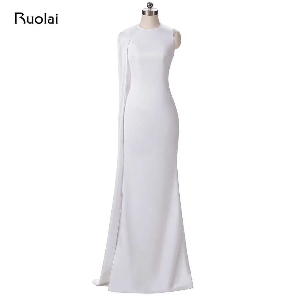 

Real Photo White Prom Dresses Long 2019 Satin Mermaid Evening Dresses with Cape Dubai Arabic Dress with Slit Robe de Soiree PD84