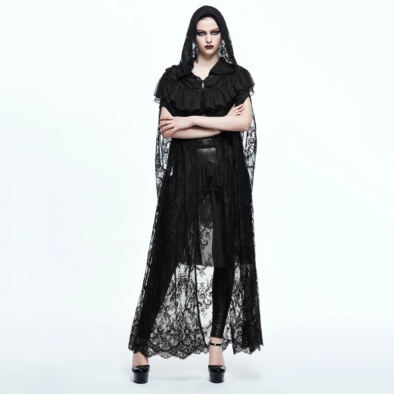 

Steampunk Black Sexy Big Lace Cloak Capes Gothic Black Hooded Coat Poncho Halloween Women Costumes Shawl Fashion Cappa