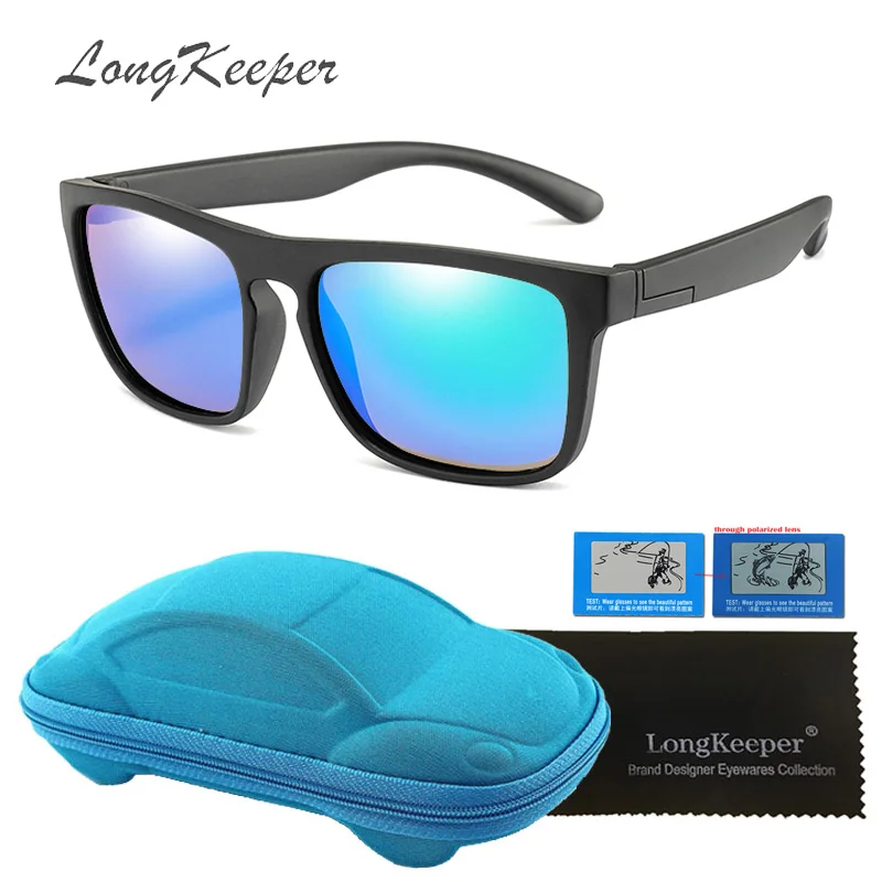 black green Longkeperer квадратные поляризованные солнцезащитные очки для детей с чехлом покрытие зеркало силиконовые TR90 очки детские Gafas de sol Box UV400 - Цвет линз: black green