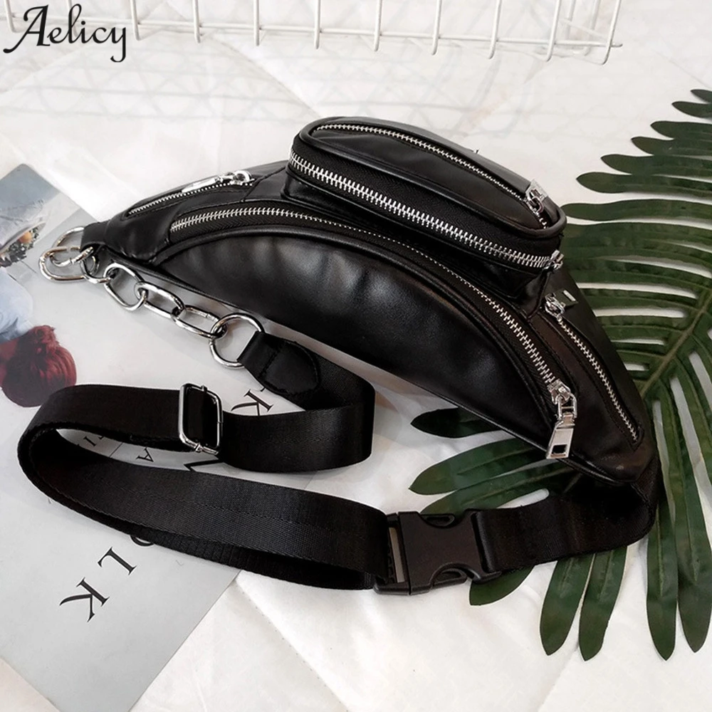 Модные поясные сумки Aelicy унисекс однотонные женские сумочки на цепочке черные в