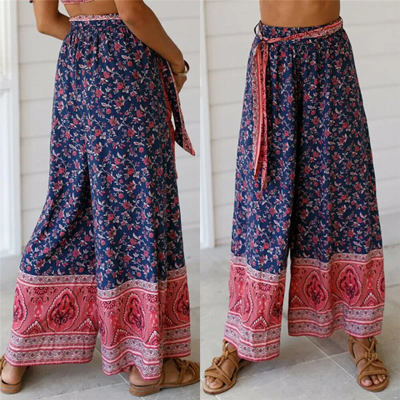 Boho женские новые модные праздничные брюки палаццо Цветочные Летние с высокой