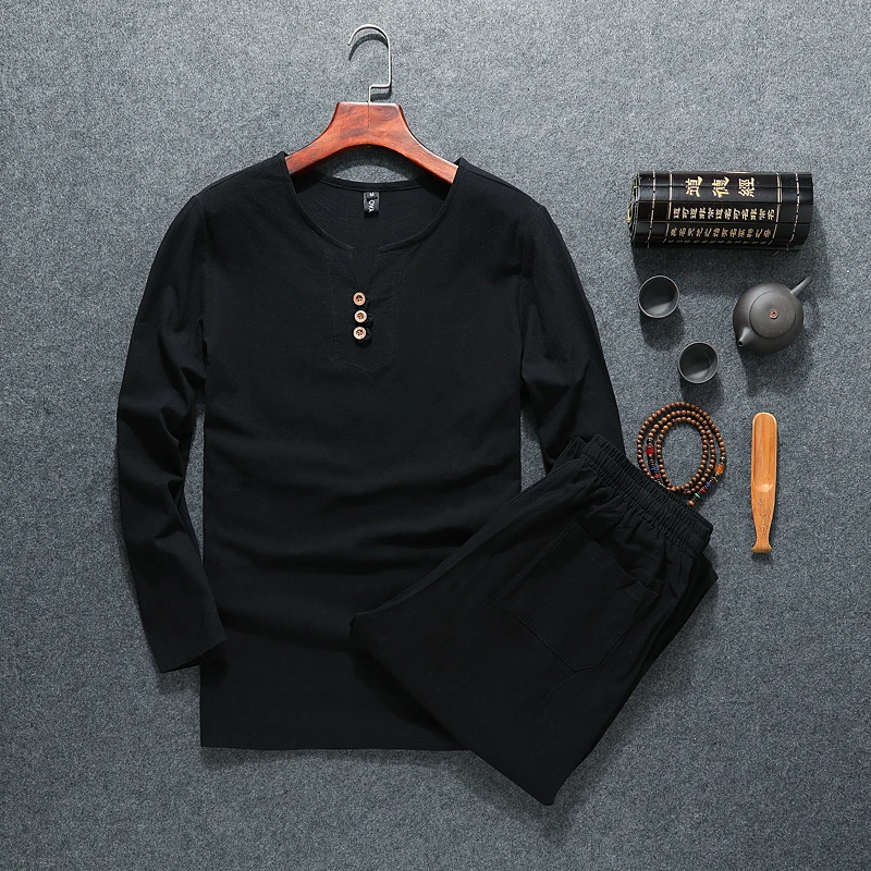 

Big size men women linen t shirt sets antumn M-8XL 9XL t shirt Tops Tees casual v-neck loose two-piece suit t shirts sets