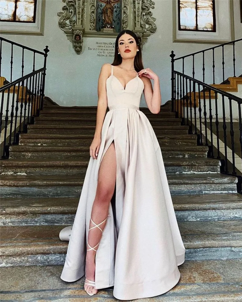 

Fashion Plus Size Cheap Prom Dresses 2019 A Line High Split Long Satin Simple Girls Formal vestidos de fiesta de noche largos
