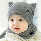 1 комплект детский набор из шапки и шарфа зима-осень новые шерстяные Хлопковый вязаный, для новорожденных мальчиков и девочек шапка капот Милые Носки с рисунком медведя из мультика шапка с котами Шапка-бини